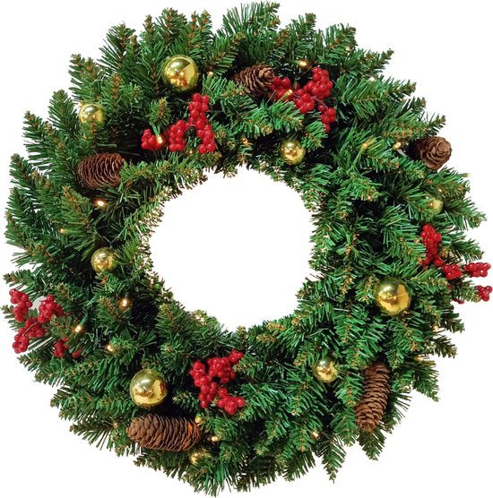 Buxibo PVC Kerstkrans met LED-verlichting, Dennenappels, Rode Bessen en Kerstballen - Met 50 lampjes op batterijbox - 180 takken - 60cm -