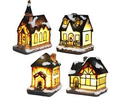 Sfeervolle Kerst Dorp Miniatuur Set - Verlichte Huisjes voor Kerstdecoratie (4 Stuks)