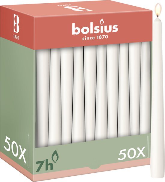 Bolsius - Gladde Dinerkaarsen - 50 stuks - Wit - 24,5 cm - Voordeelverpakking