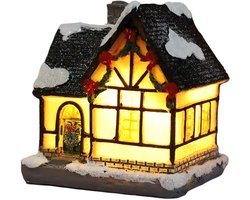 Verlicht kerstdorphuisje - 4×6.5×9cm - polyresin miniatuur met warm licht - met meegeleverde batterij - sfeervolle kerstdorp decoratie voor tafel of vensterbank