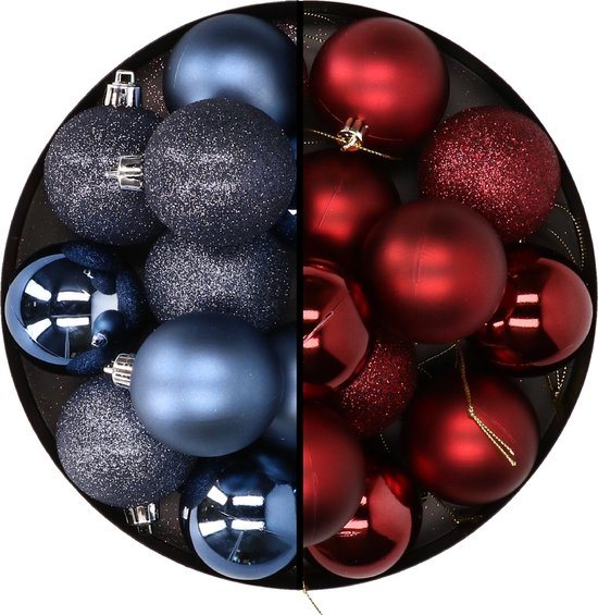 24x stuks kunststof kerstballen mix van donkerblauw en donkerrood 6 cm - Kerstversiering