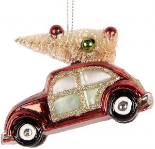Clayre & Eef Kersthanger Auto 8x4x6 cm Rood Glas