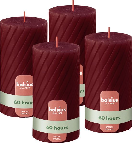 Bolsius - Rustieke Kaars - Gedraaid Patroon - 4 stuks - Rood - 60 branduren - 13 cm