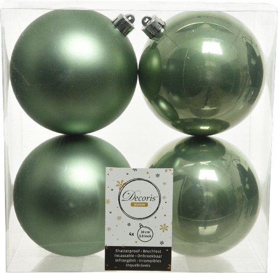 Decoris Kerstballen - 4x st - salie groen - D10 cm - kunststof - kerstversiering