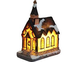Verlicht kerstdorphuisje kerk - 4×6.5×9cm - polyresin miniatuur met warm licht - met meegeleverde batterij - sfeervolle kerstdorp decoratie voor tafel of vensterbank
