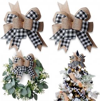 Sander Shop Buffalo Plaid Jute Strikken voor Krans 2-Pack, 12"x9.4" Grote Rustieke Boerderij Decoratie Boomtopper Check Strik Decoraties voor Herfst Bruiloft Vakantie Feest Muur Huis Voordeur Decoratief (Zwart & Wit)
