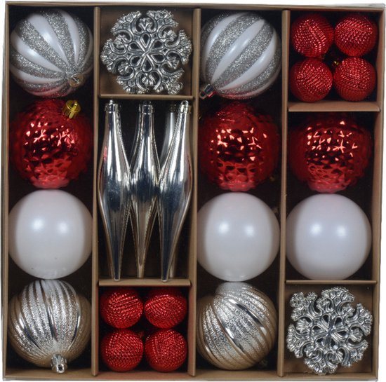 Decoris Kerstballen en ornamenten set -46-delig - rood/wit/zilver -kunststof - kerst