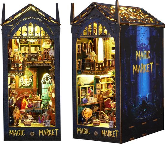 DIY Magic Book Nook Kit(luxe editie)- magische markt incl. Led lamp & muziek doos- houten modelbouw- DIY miniatuur poppen huis- met LED-licht en meubels - doe-het-zelf houten poppenhuis kit -puzzel huis model bouwsets, thuis, boekenplank decor
