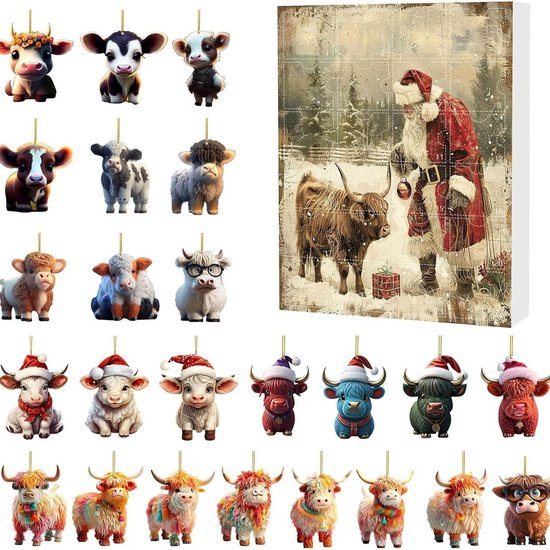 Kerstkalender met Schotse hooglandkoe 2026- 24 dagen kerstkalender met hangende ornamenten- 24 stuks kerstboomversieringen met cartoonkoeien.