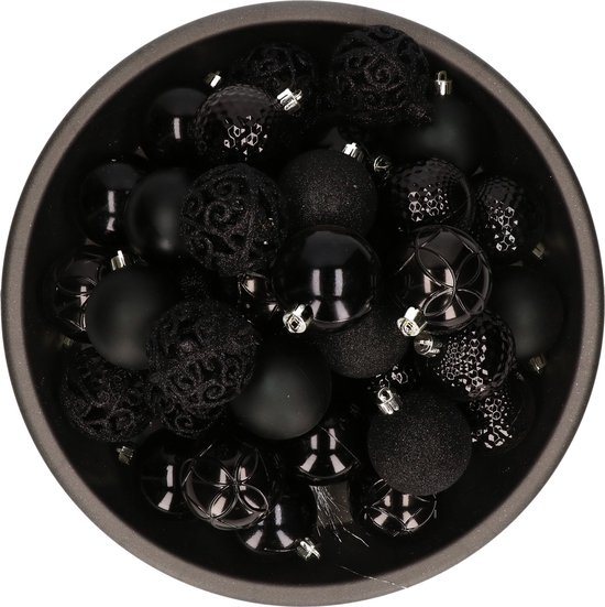 Bellatio decorations Kerstballen - 37 stuks - zwart - mix - kunststof - 6 cm - onbreekbaar - kerstversiering
