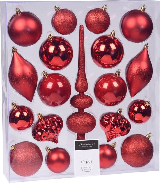 Compleet kerstballenpakket rode kunststof kerstballen met piek 19-delig
