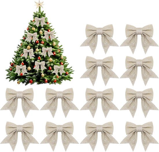 12 stuks Kerststrikken - Kerstboomstrik - Grote strik - Kerstboom versieringen - Kerstversiering - Kerst decoraties - Christmas - Kerstdecoratie voor binnen - Geschikt voor kerstfeestjes - 12*15cm - Champagne