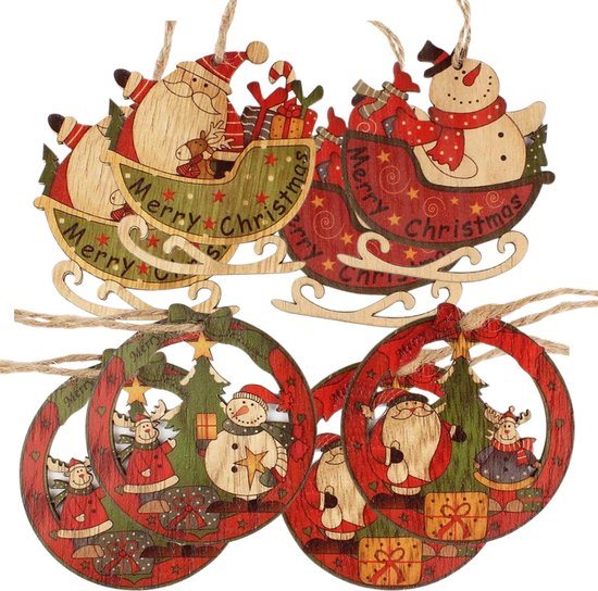 Houten kerstornamenten - 8 stuks - met Slee, Kerstman, Sneeuwpop - Kerstboom versiering