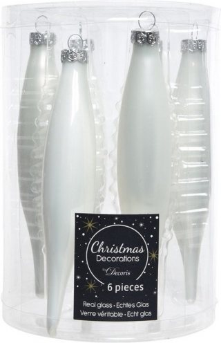 Decoris kerstbal pegels - 12x - wit - D15 cm - glas - kersthangers - ijspegels - kerstversiering