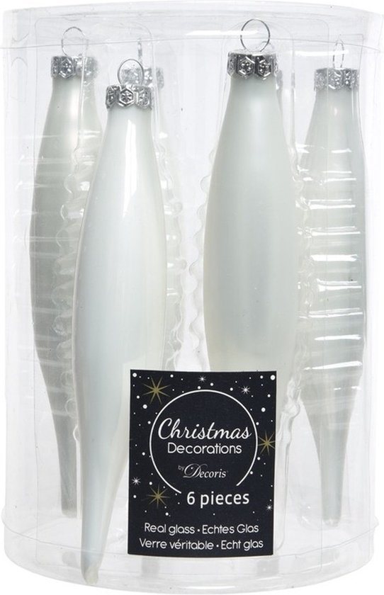 Decoris kerstbal pegels - 12x - wit - D15 cm - glas - kersthangers - ijspegels - kerstversiering