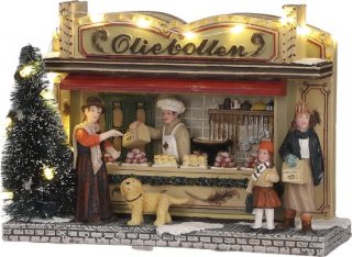 LuVille Kerstdorp Miniatuur Oliebollenkraam - L17 x B6 x H12 cm