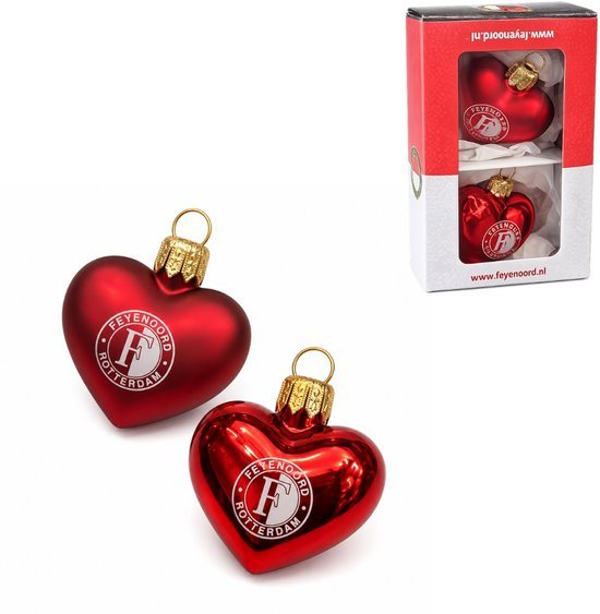 Kerstbal Feyenoord hart glas rood 5 cm set van 2