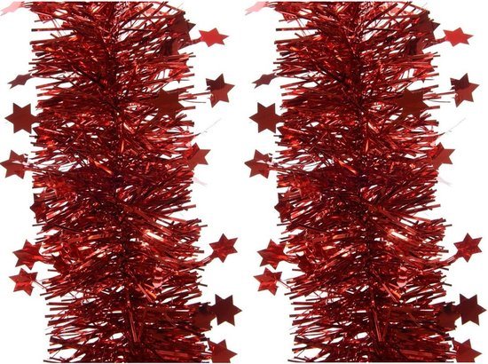 Decoris kerstslingers - 2x - sterren - rood - 270 x 10 cm - folie/tinsel - lametta kerstversiering