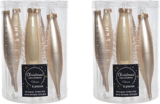 Decoris kerstbal pegels - 12x - parel champagne - D15 cm - glas - kersthangers - ijspegels - kerstversiering
