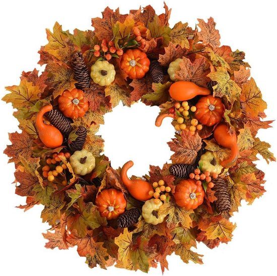 Krans Bloemen - Ø 47cm - krans - Kunstmatige krans van - Rotanbasis - met pompoen bessen en dennenappels - Deurslinger van herfst tot winter voor Halloween, Thanksgiving en kerstdecoratie