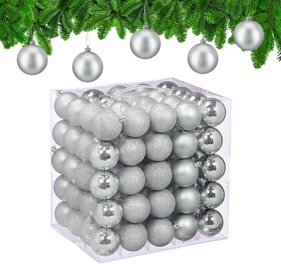 kerstballen set van 100 - Ø 6 cm - kunststof - onbreekbaar - zilver