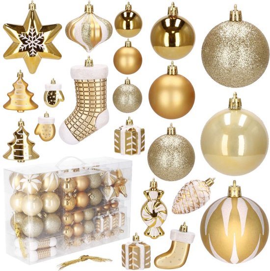 Springos Kerstballen | Kerstversiering | Onbreekbaar | 77 Stuks | Goud/Wit
