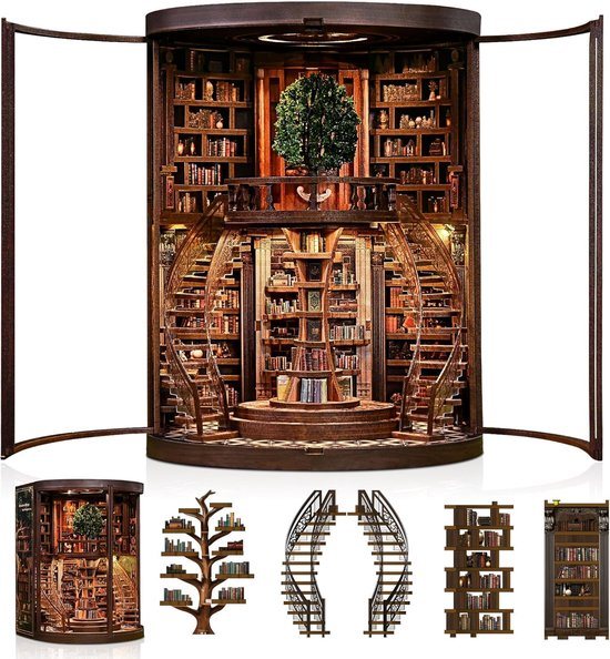 Miniatuur Bouwpakket-DIY Book Nook Kit-DIY Miniatuur Boekenkast met LED & Deur – Houten 3D Puzzel Bibliotheek – Touch Verlichting – Decoratie & Cadeau voor Volwassenen