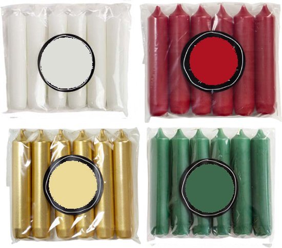 Cactula Luxe Korte Dinerkaarsen – 24 Stuks (4 x 6) – Ø 2.1 x 12 cm – Kerstkleuren Groen, Wit, Goud & Rood