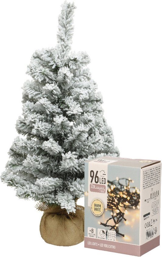 Mini kerstboom - besneeuwd - H60 cm - met kerstverlichting - warm wit - kunstboom