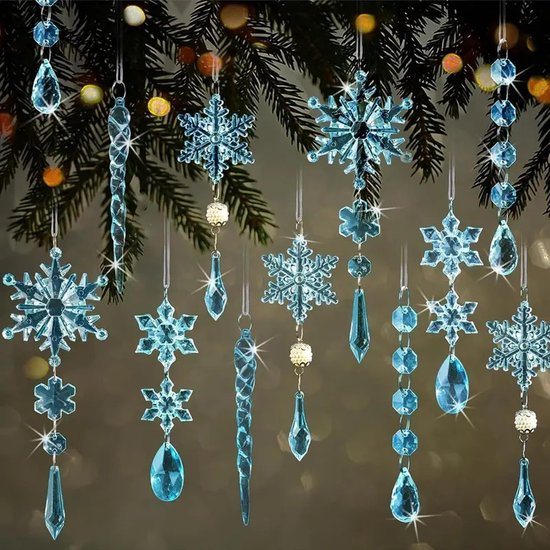Kerst ornamenten voor boom decoraties Acryl sneeuwvlok ijs kristal hangende accessoires druppel hangers voor winter vakantie partij Art Decor voorraden 18 PCS blauwe ornamenten