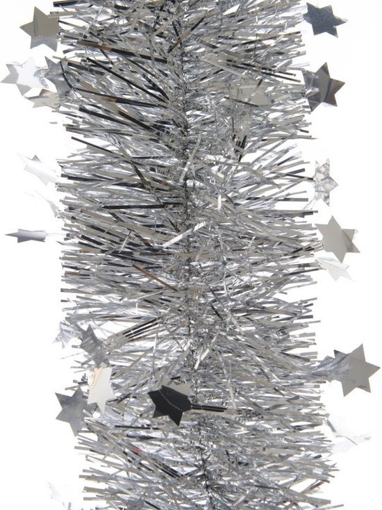 Decoris Kerstslinger - 2x - sterren - zilver - 270 x 10 cm - lametta/folie - kerstboomslinger