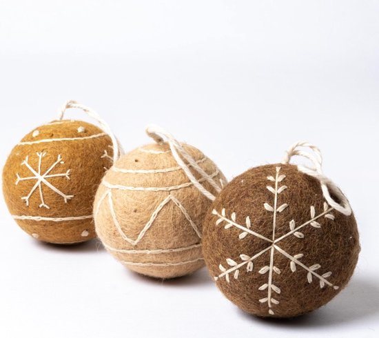 Kerstballen Vilt Complete Set - Gingerbread - 8cm - 3 Stuks - Fairtrade