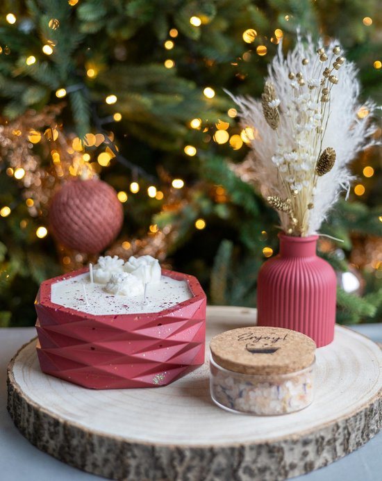 Luxe Geschenkset: Houten Schotel, Vaasje met Droogbloemen, Handgemaakte Sojawaskaars in Hexagonpatroon en Badzout – Perfect Cadeau voor Verjaardag, Housewarming, Kerstmis, Oudjaar, Nieuwjaar - Verras een vriend of familielid - Perzik