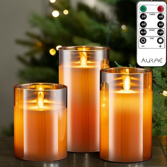 Aurae Led Kaarsen met Bewegende Vlam - 3x - Echte Wax - Afstandsbediening - 250+ branduren - op Batterijen - Flikkerende Vlam - Timer - Kerst Kaarsen