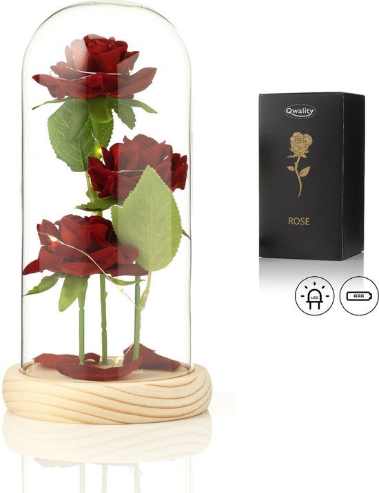 Luxe Roos in Glas met LED – Realistische Roos in Glazen Stolp – Moederdag - Cadeau voor vriendin moeder haar - 3x Realistische Roos met Blaadjes - Lichte Voet – Qwality