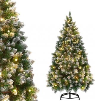 Luxe Kunstkerstboom 210 cm met Warmwitte LED Verlichting, Dennenappels en Sneeuweffect