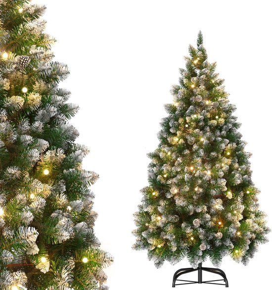 Luxe Kunstkerstboom 210 cm met Warmwitte LED Verlichting, Dennenappels en Sneeuweffect