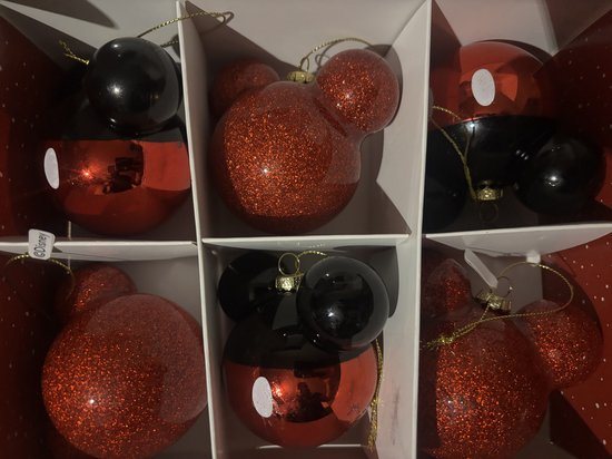 Disney Mickey Mouse Kerstballen Set – 6 Stuks – Rood & Zwart met Gouden Details – Officiële Disney Kerstdecoratie