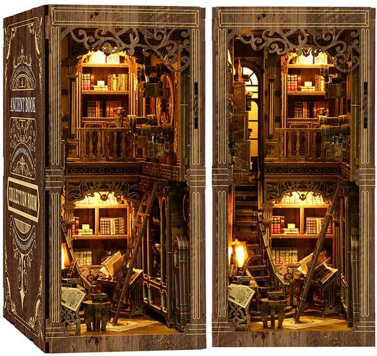 DIY Book Nook Kit met LED – 3D Houten Miniatuur Boekenkast – Modelbouwpakket - Vintage Design – Creatieve Boekensteun – Cadeau voor Boekenliefhebbers