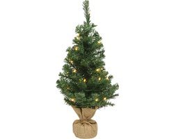 Kleine volle kerstboom in jute zak 45 cm - Kunst kerstbomen / kunstbomen- Met 10 Lampjes - Op Batterijen