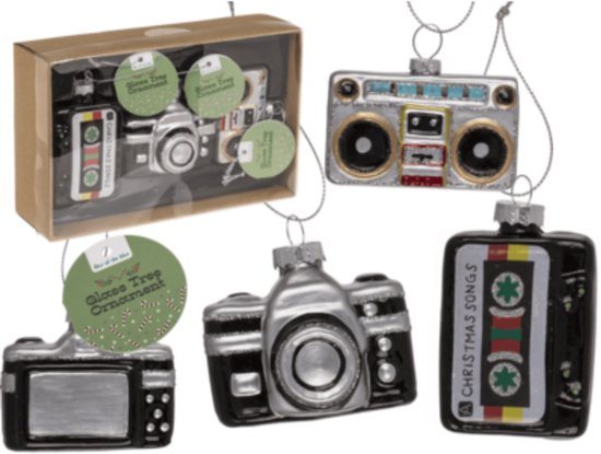 Retro glazen kerstdecoratie set van 3 – Cassettebandje (7,5x3x4,5 cm), Camera (6,5x4x5,5 cm) & Recorder (6x2x4 cm) – Handgemaakt – Unieke kerstboomversiering"
