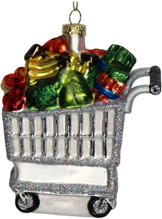 HD Collection Glazen kerstornament kersthanger boodschappenkar met boodschappen 11.9 cm