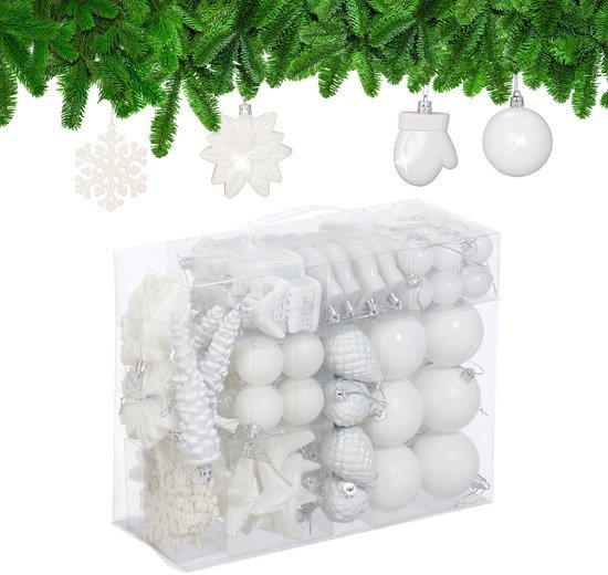 Kerstballen set van 100 - plastic - mat - glanzend - glitters - 10 designs - wit