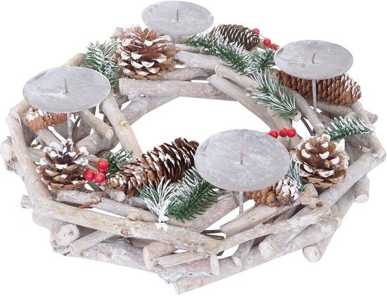 Adventskrans rond, kerstdecoratie tafelkrans, hout Ø 35cm wit-grijs ~ met kaarsen, wit
