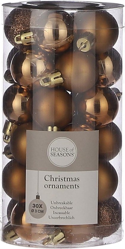 House of Seasons Kleine kunststof kerstballen pakket - licht koper - Dia 3 cm - 30 stuks - mini kerstballen