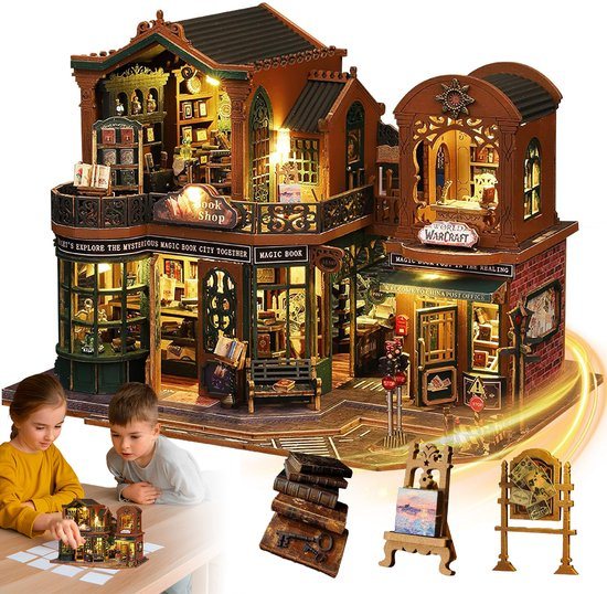 Miniatuur Huisje - Retro Boekwinkel - DIY Houten Modelbouw - Met LED Verlichting - Eenvoudig te Bouwen - Ontspannende Hobby - voor Thuisdecoratie en Cadeau