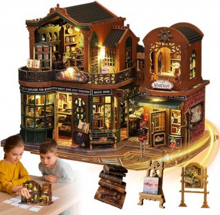 Miniatuur Huisje - Retro Boekwinkel - DIY Houten Modelbouw - Met LED Verlichting - Eenvoudig te Bouwen - Ontspannende Hobby - voor Thuisdecoratie en Cadeau