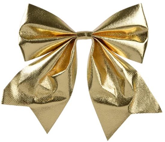 Decoris Kerstornamenten strikken - 2x - glanzend goud - 15 x 17 cm - kerstboomstrikjes - kerstversiering strikjes