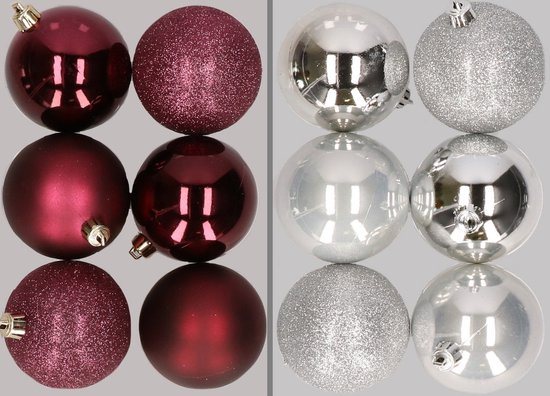 12x stuks kunststof kerstballen mix van aubergine en zilver 8 cm - Kerstversiering