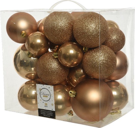 Decoris Kerstballen - 26x st - camel bruin - 6-8-10 cm - kunststof - kerstversiering